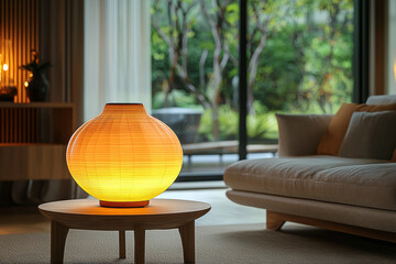 Sticker - A small, stylish lamp on a plain side table in an uncluttered room. Concept of minimalist lighting design.