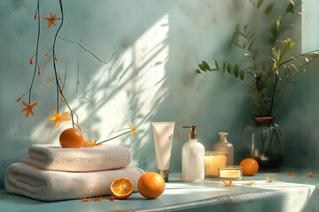 Wall Mural - A tranquil spa environment showcases neatly stacked towels beside candles and fresh oranges. Soft light filters through, enhancing the calming atmosphere with gentle flora accents