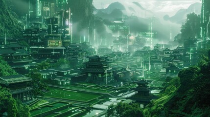 Futuristic glowing green city landscape with towering advanced structures futuristic technology and an ethereal atmospheric environment  This digital depicts a visionary imaginative