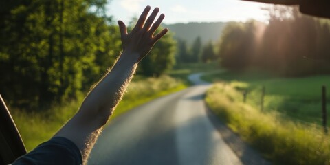 A person's hand waves out of a moving car on a beautiful, winding country road during a sunny day, conveying freedom, joy, and the love for nature and adventure.