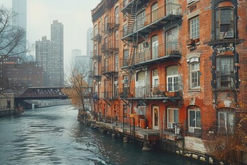 A city street with a river running through it