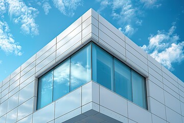 A building with a corner window and a blue sky in the background