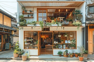 A white building with a green roof and a lot of plants