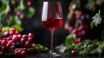 Red wine glass beside fresh grapes with vibrant leaves on a rustic wooden surface in a dim setting