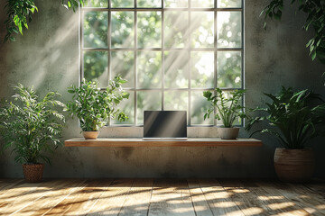 Canvas Print - A minimalist workspace featuring a clean desk with a single laptop and a potted plant. Concept of simple productivity.