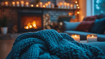 Poster - Cozy evening beside a warm fireplace with soft textiles and flickering candles