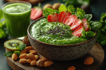 A bowl of fresh fruit and nuts on a wooden table, with a glass of green smoothie. Concept of healthy eating.