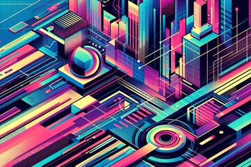 Futuristic abstract cityscape with neon colors and geometric lines