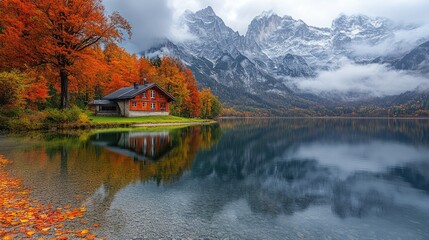 Serene autumn landscape with a cabin by a lake and mountains in the background.