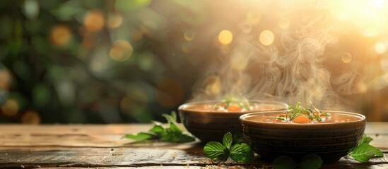 Steaming bowl of savory and nourishing Asian inspired soup filled with fragrant herbs and vegetables resting on a rustic wooden table in the warm natural light of the outdoors