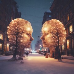 2 visages lumineux dans une rue