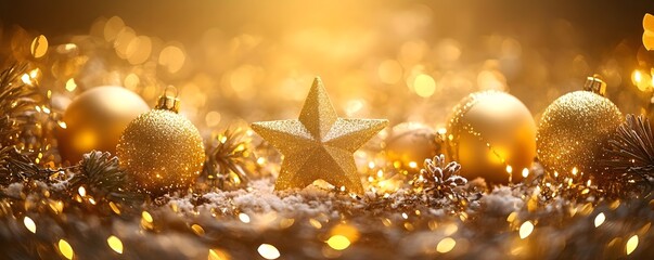 Wall Mural - Golden Christmas Decorations with Star & Lights