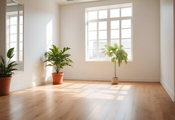 Almost empty room with large windows,white walls, some green potted plants at a sunny day. Warm white light. AI generated