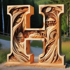 A decorative wooden sculpture of letter H