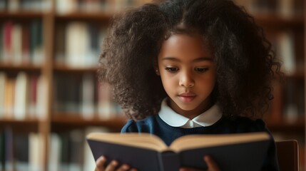 Young black african american female school student reading educational book in college library