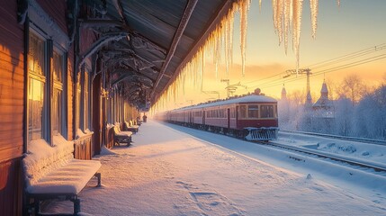 Wall Mural - A serene winter train station at sunset, with snow-covered benches and icicles hanging from the roof.