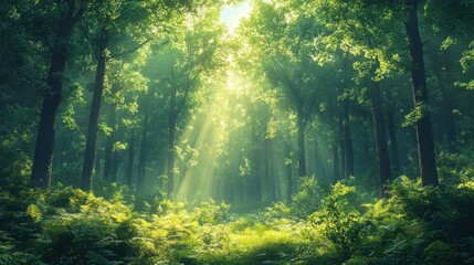 Wall Mural - Lush forest with sunlight filtering through trees, creating a serene atmosphere.