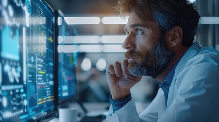 Leinwandbilder - A modern office setting where a headhunter and AI technology collaborate seamlessly. attentively reviewing a candidate profile on one screen while an AI-powered system analyzes data on another.