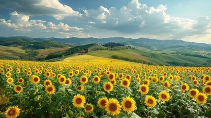 Wall Mural - Gorgeous view of a vast field of blooming sunflowers set against a backdrop of rolling hills blue skies and fluffy white clouds in a picturesque rural countryside landscape