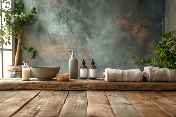 Wall Mural - On a rustic wooden table, various skincare products are arranged alongside clean towels and a bowl, creating a peaceful and inviting atmosphere in a bright room