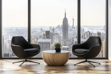 Interior of a modern office with chairs, a table, wood flooring, light background, and creative concept.