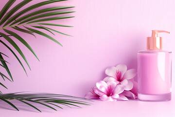 Wall Mural - A pink lotion bottle sits beside delicate flowers and tropical leaves on a soft pastel pink background, creating a calming and inviting atmosphere