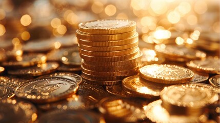 Poster - Pile of coins, Credit and Loans. Warm light. Generative AI.