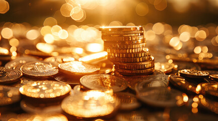 Poster - Pile of coins, Credit and Loans. Warm light. Generative AI.