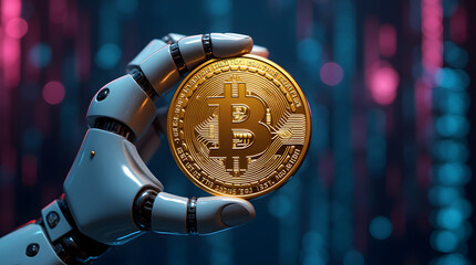 Robot hand holding golden bitcoin coin on background with binary code. Cryptocurrency concept. Generative AI