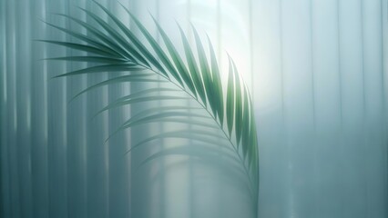 Green palm with reeded glass. Cosmetic template on beautiful magazine decor. White Reeded Glass. Plant leaves. Ribbed Background. Clean texture on stylish transparent background for premium look.