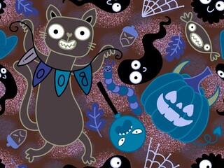 Halloween animals seamless cats and pumpkins pattern for wrapping paper