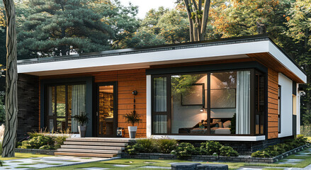 Leinwandbilder - Modern simple one-story small house with, the house has small front, white and black walls and wood and brick accents, exterior view. Generative AI.