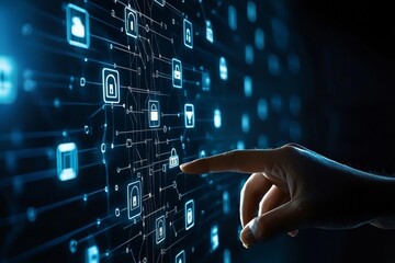 an image of a businessman's hand using a creative encrypted code hologram on a blurry office backgro