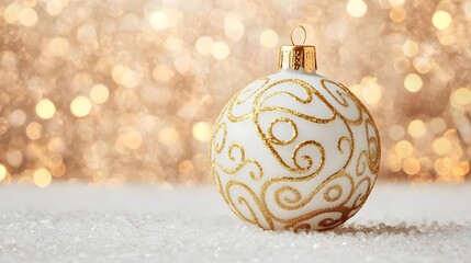 Sticker - White Christmas Ornament with Gold Design on Sparkling Background