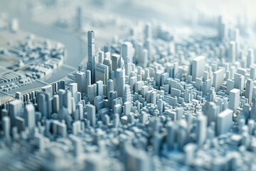 This cityscape model features a variety of skyscrapers and urban structures, highlighting modern architectural design elements