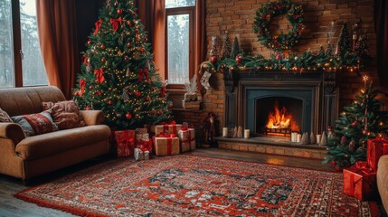 Wall Mural - Cozy winter living room decorated for Christmas with a fireplace and a beautifully adorned tree