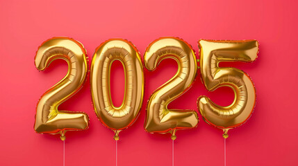 new year 2025 with golden balloons in red background