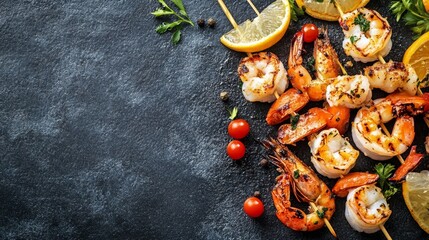 A high-quality AI-generated stock image of a delicious grilled seafood skewer on the right side, leaving space on the left for text. Ideal for seafood, grilling, and gourmet content.