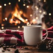 © Amanda - Cozy winter evening with steaming mug of coffee beside fireplace and twinkling lights in a comfortable setting
