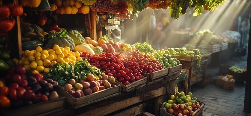 Sticker - Vibrant market scene filled with fresh fruits and vegetables under sunlight.