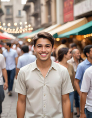 Picture of a young man with a smile face  in public street 