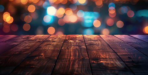 Poster - Wooden table, blurred bokeh background. neon light, night view. Generative AI.