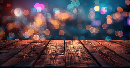 Poster - Wooden table, blurred bokeh background. neon light, night view. Generative AI.