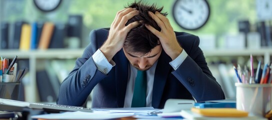 Tired business man with his head in his hands, sitting at a desk in office. Deadline pressure, work pressure