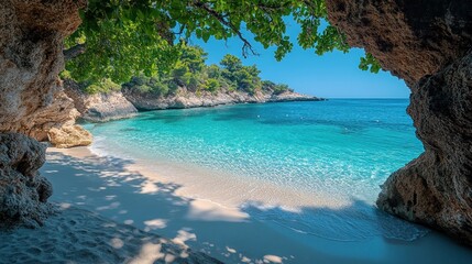 Serene beach view framed by rocks and lush greenery.