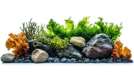 green seaweed and colorful corals with rocks blackground on the white background