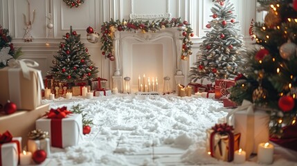 Wall Mural - Backdrop Christmas scene, with snow floor and white wall with Christmas objects, gifts, lamps with background. Generative AI.