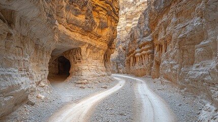 Wall Mural - A winding dirt road through a narrow, rocky canyon landscape.