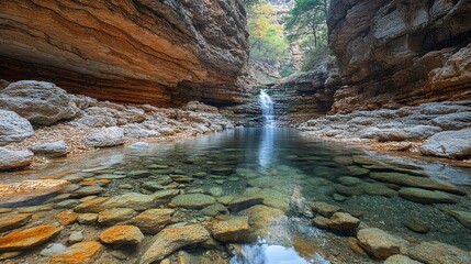 Wall Mural - Serene canyon with clear water and gentle waterfall.