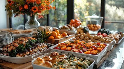 Poster - A beautifully organized kitchen with pre-prepared Thanksgiving dishes neatly arranged on the countertop, ready to be served. Generative AI.